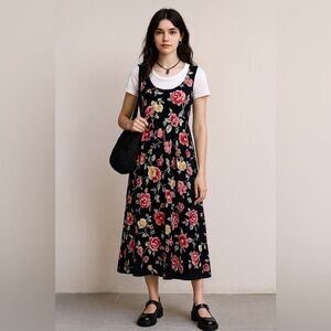 Vintage 90s T.T. Mar Womens Dress Sz M Black Floral Rayon Midi Grunge Granny